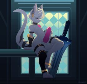 anthro bracelet broadsword choker clothing collar dragon ear_piercing ear_ring femboy genitals gloves guardian_spirit handwear haru_(warden006) haru_spirit heart_symbol hi_res hybrid jewelry legband male melee_weapon mythological_creature mythological_scalie mythology necklace ori_(series) penis piercing pink_eyes pink_penis ring_piercing scalie solo sword warden006 weapon