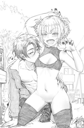 1boy 1girls boob_window bottomless breasts call_of_the_night female fkscrashing kneeling male monochrome naked nanakusa_nazuna no_bra no_panties nude nude_female outdoors pink_hair pubic_hair pussy pussy_hair pussy_out short_hair show_pussy sketch small_breasts small_hips smelling smile teenager tight_body uncensored vampire_girl yamori_kou