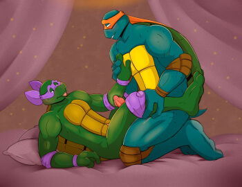 2_toes 3_fingers absurd_res anthro bed brother brother_(lore) brothers_(lore) digital_media_(artwork) donatello donatello_(tmnt) duo erection feet fingers furniture genitals hand_holding hi_res holding_leg imminent_sex incest incest_(lore) kneeling lying male male/male mask michelangelo michelangelo_(tmnt) mishajeans on_back on_bed penis reptile scalie shell sibling_(lore) smile tail teenage_mutant_ninja_turtles teenage_mutant_ninja_turtles_(1987) tmnt_1987 tmnt_2003 toes tongue tongue_out turtle