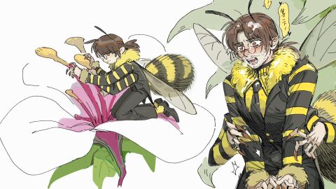 antennae bee bee_abdomen bee_person blushing bug_abdomen bug_ass bug_features bug_wings clothed cum cum_in_hair cum_on_face cute_male flower fully_clothed glasses gregor_(limbus_company) harvesting_pollen japanese_text limbus_company long_nails looking_behind male micro multi_arm multi_limb on_knees panting project_moon