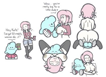 aplovestudio ass big_ass big_breasts big_penis blue_skin blush breasts cigarette cowgirl_position cum cum_inside dialogue female larger_female male multiple_images original_character paizuri penis pink_hair prostitution short_hair smaller_male thighhighs titfuck titjob