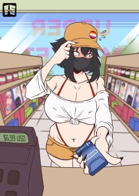 1girls baseball_cap belly_button big_breasts bikini black_hair black_nails blue_eyes blush breasts buying_condoms condom_box female hips ilustretsspoks lesbian_pride_colors light-skinned_female light_skin mask navel_piercing orientation_play shorts sierra_dazorelle white_topwear