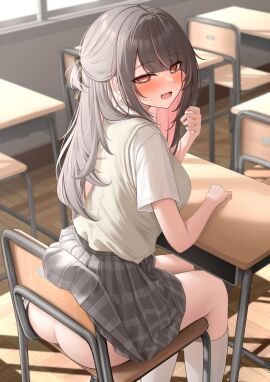 :d ass black_hair blush breasts chair classroom colored_inner_hair desk eyes_visible_through_hair female grey_skirt hand_up highres imouto-chan_(monaka_curl) indoors large_breasts looking_at_viewer looking_back monaka_curl multicolored_hair no_panties open_mouth original pink_hair plaid_clothes plaid_skirt red_eyes school_desk school_uniform shirt shirt_tucked_in short_sleeves sitting skirt smile socks solo two-tone_hair white_shirt white_socks
