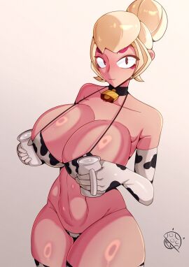 :3 bikini blonde_female blonde_hair brawl_stars charlie_(brawl_stars) choker cowbell cowbell_collar cowprint cowprint_bikini curvy curvy_female curvy_figure female female_only light-skinned_female light_skin looking_at_viewer milk solo solo_female supercell_(company) thick_thighs thighhighs tr_yithaz voluptuous voluptuous_female