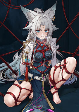 1girls 2024 angry angry_face animal_ears arms_behind_back barefoot bondage bondage_gear feixiao_(honkai:_star_rail) female fox_ears fox_girl hi_res honkai:_star_rail honkai_(series) kemonomimi kneeling light-skinned_female light_skin long_hair looking_at_viewer mad ponytail pussy rope sex_toy solo tied tied_up vibrator vibrator_in_pussy white_hair yiduan_zhu