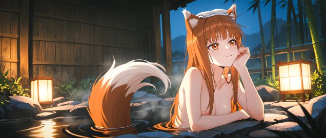 ai_generated breasts brown_eyes brown_hair holo hot_spring long_hair nipples nude nude_female spice_and_wolf wolf_ears wolf_girl wolf_tail