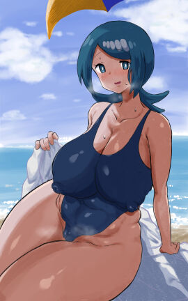 1girls beach big_breasts blue_eyes blue_hair blue_swimsuit blush breasts erect_nipples female female_only game_freak hair huge_breasts lana's_mother_(pokemon) looking_at_viewer mature mature_female milf mother nipple_bulge nipples nipples_visible_through_clothing one-piece_swimsuit pokemon pokemon_sm pokori_po solo solo_female steam steamy_breath sweat sweatdrop swimsuit swimwear thick_thighs thighs towel
