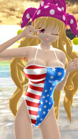 1girls 2023 3d adult_female american_flag_swimsuit arms_up beach belly_button blonde-haired_female breasts clavicle cleavage clouds clownpiece fairy female hat hati_yukkuri_mmd hips jester_hat lampad light-skinned_female light_skin long-haired_female looking_at_viewer mmd one_eye_closed outdoors peace_sign pink_eyes sky solo_female solo_focus stars_and_stripes sunset swimsuit tongue tongue_out touhou waist water