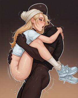 age_difference ai_generated beanie beanie_hat black_body blonde_hair blush body_hair dark-skinned_male dark_skin girl height_difference interracial leg_lock legs legs_up lifting lifting_person mature mature_male moaning original original_character pubic_hair rough_sex sexy sexy_body simple_background sneakers standing t-shirt teenage_girl teenager upright_straddle vaginal_penetration ximiral