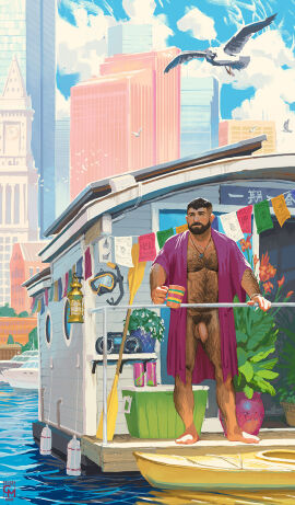 1boy bara bare_pectorals beard belly bird brown_hair celery_man6 celeryman cup day facial_hair flaccid full_beard full_body hairy highres houseboat kal_(celeryman) large_pectorals male male_focus male_only male_pubic_hair mature_male mug muscular muscular_male naked_robe navel navel_hair nipples original outdoors paid_reward_available pectorals penis plump pubic_hair robe seagull short_hair solo standing thick_arm_hair thick_chest_hair thick_eyebrows thick_leg_hair thick_navel_hair uncensored undercut very_hairy yaoi