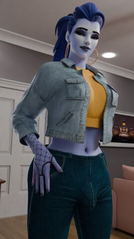 3d bulge bulge_down_leg bulge_grab bulge_under_clothes clothed flaccid flaccid_penis futa_only futanari hung_futa intersex nyl_widowmaker overwatch overwatch_2 penis solo sug_madic3d widowmaker