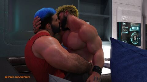 2boys 2humans 3d 3d_(artwork) 3d_model bara blue_hair dwarf gay gay_kissing indoors kissing making_out male male/male male_focus male_only masculine masculine_male muscles muscular muscular_chest muscular_male oc original original_characters sensual shirtless shirtless_(male) shirtless_male wereorc_(artist) yaoi yellow_hair