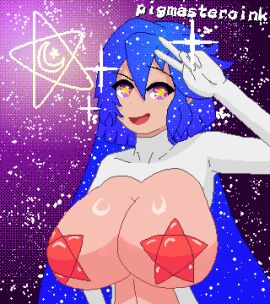 1girls big_breasts blue_hair bodysuit breasts female huge_breasts large_breasts lunamaria_(pigmasteroink) oc original_character pasties peace_sign pigmasteroink pixel_art purple_eyes smile sparkling_hair star star_shaped_pupils stars white_skin