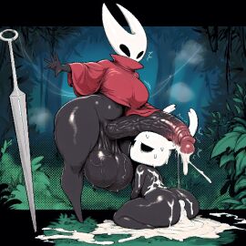 1boy 1futa abs after_sex ai_generated bottomless cum cum_from_ass cumdrip defeated_heroine excessive_cum futa_on_male futanari hollow hollow_knight hollow_knight_(character) hornet_(hollow_knight) huge_balls huge_cock male overflow overflowing_cum penis_on_head pixel_art size_difference sudospritez trees