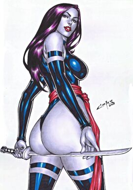 1girls 2024 arm_strap ass ass_lift assassin back_view below_view big_ass blue_arm_strap blue_bridal_gauntlets blue_elbow_gloves blue_latex_elbow_gloves blue_latex_leotard blue_latex_thighhighs blue_leotard blue_thigh_strap blue_thighhighs blue_thong_leotard breasts bridal_gauntlets busty carlos_braga deviantart_link ed_benes_studio elbow_gloves female female_only from_below grey-skinned_female holding_katana holding_melee_weapon holding_sword holding_weapon huge_ass katana large_ass latex_elbow_gloves latex_leotard latex_thighhighs leotard long-haired_female long_hair long_purple_hair marvel marvel_comics ninja no_watermark psylocke_(kwannon) purple-haired_female purple_hair red_lips red_lipstick red_sash sash shiny_clothes simple_background sleeveless_leotard solo solo_female superheroine thick_ass thigh_strap thighhighs thong_leotard traditional_media_(artwork) white_background x-men