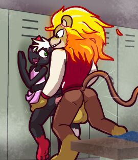 2024 3_toes against_surface against_wall anal anal_sex anthro anthro_on_anthro anthro_penetrated anthro_penetrating anthro_penetrating_anthro backsack balls ballsack big_balls big_penis black_balls black_body black_fur black_nose blonde_hair boner bottomless bottomwear brown_body brown_fur cheerleader clothed clothing crop_top crossdressing cute_fangs digitigrade duo erection feet felid feline femboy fire flaming_hair fur genitals girly green_eyes green_pupils grin hair hi_res hip_grab jacket larger_anthro larger_male leg_markings letterman_jacket lion locker locker_room looking_at_another looking_back looking_down looking_up male male/male male_only male_penetrated male_penetrating male_penetrating_male mammal markings nicky_cat no_underwear orange_hair pantherine penetration penis perineum pink_bottomwear pink_clothing pink_crop_top pink_penis pink_shirt pink_skirt pink_tank_top pink_topwear pseudo_hair pupils red_body red_fur rivals_of_aether sex sharp_teeth shirt size_difference skirt smaller_anthro smaller_male smaller_penetrated smile socks_(marking) tan_balls tan_body tan_fur tan_inner_ear tan_perineum tank_top teeth toes topwear ultilix white_body white_bottomwear white_clothing white_crop_top white_fur white_hair white_shirt white_skirt white_tank_top white_topwear yellow_balls yellow_perineum zetterburn