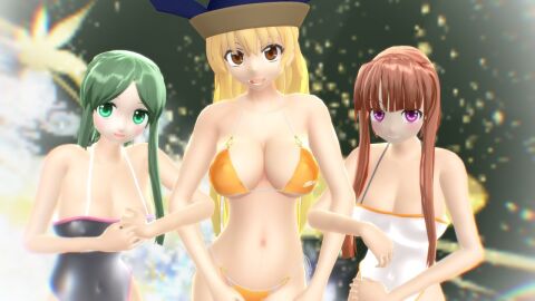 2023 3d 3girls belly_button bikini black_swimsuit blonde-haired_female blur blurry_background breasts brown-haired_female brown_eyes cleavage deity female god green-haired_female green_eyes hat hati_yukkuri_mmd headwear hidden_star_in_four_seasons holding holding_arms human light-skinned_female light_skin long-haired_female looking_at_viewer mikumikudance mmd nishida_satono okina_matara orange_bikini pink_eyes smiling_at_viewer swimsuit teireida_mai touhou trio_focus white_swimsuit