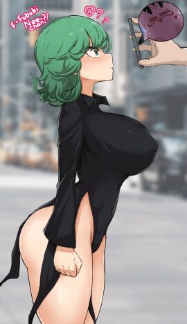 asian_female big_breasts black_hair bleached clenched_fist fat_tits fubuki_(one-punch_man) green_eyes green_hair japanese_female one-punch_man queen_of_hearts surprised tatsumaki tattoo
