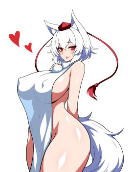 1girls 2d ass bare_shoulders belly belly_button belly_button_visible_through_clothing big_ass big_breasts blush breasts cleavage covered erect_nipples female heart hips looking_at_viewer momiji_inubashiri mostly_nude mostly_nude_female nipples nipples_visible_through_clothing no_bra no_panties red_eyes shiny_skin short_hair side_view sideass sideboob smile solo source ssaf ssaf52913778 ssaf_seibeupail standing tabard tabard_only tail tengu thick_ass thick_thighs thighs tokin_hat tongue tongue_out touhou white_background white_hair wide_hips wolf_ears wolf_girl wolf_tail