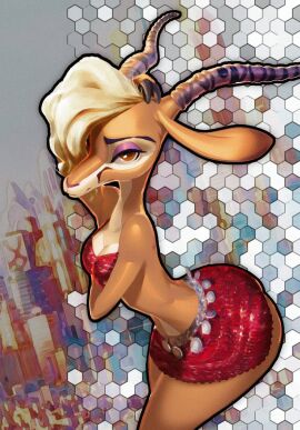 1girls 2020 2020s 2d 2d_(artwork) 2d_artwork alimono_(artist) antelope anthro anthro_female anthrofied ass big_ass big_butt blonde blonde-haired_female blonde_female blonde_hair bottomwear bovid bovine breasts clothed clothing dancewear digital_media_(artwork) disney eyelashes eyeshadow female female_anthro female_focus female_only fur furry furry_female gazelle gazelle_(zootopia) hand_on_head hi_res horn mammal medium_breasts microskirt miniskirt orange_eyes purple_eyeshadow red_clothing red_microskirt red_miniskirt red_skirt simple_background skirt solo solo_female solo_focus tan_body tank_top thick_thighs thighs topwear wide_hips zootopia
