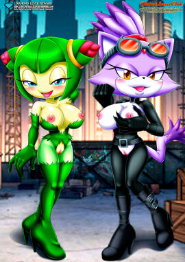 2girls batman_(series) bbmbbf big_breasts blaze_the_cat breasts catwoman_(cosplay) cosmo_the_seedrian cosplay crossover crossover_cosplay crotchless crotchless_clothes dc dc_comics edit female furry mobius_unleashed nipples palcomix poison_ivy_(cosplay) pussy pussy_cutout sega sonic_(series) sonic_the_hedgehog_(series) sonic_x tagme upscaled