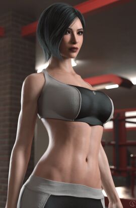 1girls 3d 3d_(artwork) abs ada_wong alf3d asian asian_female athletic athletic_female belly_button black_hair brown_eyes capcom female fit fit_female gym gym_clothes hi_res highres looking_at_viewer navel resident_evil resident_evil_2 resident_evil_2_remake sports_bra sportswear