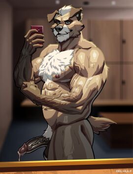 2025 abs absurd_res after_exercise anthro areola artist_name balls bara beard belwulf biceps big_balls big_muscles big_penis blurred_background bodily_fluids body_hair canid canine canis cellphone chest_hair deltoids domestic_dog dripping electronics erection eyebrows facial_hair flexing flexing_bicep fur genital_fluids genitals glans hair hi_res holding_object holding_phone huge_muscles humanoid_genitalia humanoid_penis inside locker_room looking_at_viewer male mammal masculine_male mature_anthro mature_male mirror mirror_selfie muscles muscular muscular_anthro muscular_male navel nipples nude pecs penis phone precum precum_drip pubes reflection scar selfie smartphone smile solo standing sweat taking_picture taking_selfie text thick_arms thick_thighs tuft vein veiny_muscles yaoi
