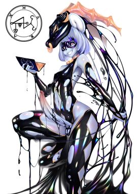 absurd_res armor armpits armwear asian_clothing big_penis black_liquid black_sclera blush book bovid breasts bubble caprine chinese_clothing chinese_dress clothing detached_sleeves dress east_asian_clothing erection facial_piercing fake_horns feral furry futanari genitals goat hair headgear helmet hi_res humanoid_genitalia humanoid_penis intersex mammal mask melting nails nose_piercing penis piercing red_eyes small_breasts smile solo teeth theobrobine white_hair