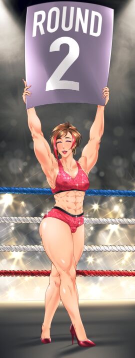 1futa abs boxing_ring brown_hair bulge bulge_through_clothing earrings futanari high_heels hoop_earrings intersex muscular muscular_futa oc original pink_hair ring_boy short_shorts solo sports_bra suiren_ciao tagme two-tone_hair