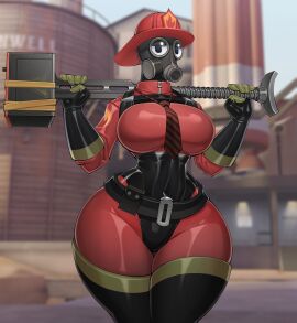 1girls 2020s 2024 2d 2d_(artwork) big_thighs black_clothing bottom_heavy breasts busty csarphong eyes female female_focus female_only fempyro gas_mask hammer hi_res highres holding_hammer hourglass_figure large_thighs latex latex_bodysuit looking_at_viewer necktie pyro_(team_fortress_2) red_clothing rule_63 skin_tight skin_tight_suit slim_waist solo solo_female solo_focus standing team_fortress_2 thick_thighs thighhighs thighs tie two-handed_weapon valve voluptuous zipper
