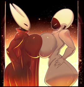 2025 2_horns 2girls 5_fingers anthro arthropod ass big_breasts black_eyes bodily_fluids breast_squish breasts breasts_frottage conditional_dnp digital_media_(artwork) duo english_description female female/female fingers hands_on_hips hi_res hollow_knight_(franchise) horn hornet_(hollow_knight) huge_breasts huge_thighs insects lace_(hollow_knight) mouthless side_view small_waist squish sweat sweaty_breasts team_cherry thick_thighs welwraith white_face yuri