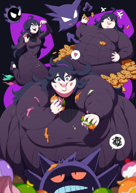 1girls :d ahoge artist_signature big_belly big_breasts breasts candy cookies dark_background double_chin dress eating fat female food_on_face fully_clothed gengar ghastly hair_ornament hand_on_belly happy haunter headband heart hex_maniac huge_belly jeetdoh long_hair love_handles massive_belly navel_outline obese obese_female overweight overweight_female plain_background pokemon poking_belly purple_eyes purple_hair round_belly solo solo_female ssbbw weight_gain weight_gain_sequence