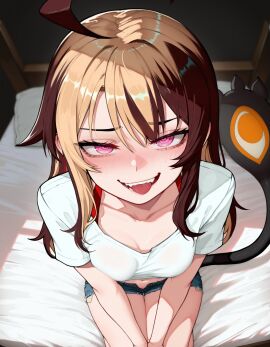 1girls ai_generated belly belly_button blonde_hair blush brown_hair gigi_murin hololive hololive_english medium_breasts navel on_bed purple_eyes sharp_teeth thighs tongue tongue_out virtual_youtuber