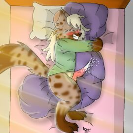 1:1 anthro blonde_hair blush blush_lines bodily_fluids cozyhug cum ejaculation genital_fluids hair hyena knot male mammal masturbation orgasm orgasm_face smile solo tagme