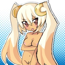 blush breasts cassie_(crush_crush) female innie_pussy naked naked_female nipples pink_nipples pussy sticking_out_tongue tan_skin tsundere twintails