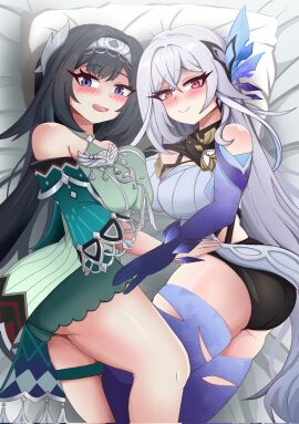 ass big_ass big_breasts big_butt big_titties black_hair blush breasts clothing curvaceous curvaceous_female curvaceous_figure curvy curvy_figure curvy_hips female female_focus female_only genshin_impact hatzuhatzu lan_yan_(genshin_impact) long_hair looking_at_viewer skirk_(genshin_impact) thigh_highs white_hair