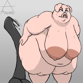 2024 absurd_res anthro areola arkaneanarchist_(artist) ass bald belly bent_over big_belly big_breasts blue_eyes bodily_fluids breasts brown_areola brown_nipples colored digital_drawing_(artwork) digital_media_(artwork) dildo domestic_pig dripping eyelashes female front_view genital_fluids genitals hi_res huge_belly huge_breasts huge_dildo huge_hips huge_sex_toy huge_thighs hyper hyper_sex_toy lovehandles male mammal masturbation moobs nipples nude obese obese_anthro obese_female overweight overweight_anthro overweight_female pig pink_body pink_skin pussy sex_toy shaded simple_background solo standing suid suina sus_(pig) sweat sweatdrop sweaty_armpit sweaty_breasts sweaty_genitalia sweaty_legs thick_thighs vaginal_fluids wet wide_hips