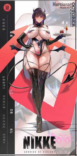 absurdres areola_slip bare_shoulders black_gloves black_hair black_panties blush boots breasts cocktail_glass cup demon drinking_glass elbow_gloves female female_pubic_hair frown gloves goddess_of_victory:_nikke hand_on_own_hip highres horns housou-kun large_breasts long_hair marciana_(nikke) navel panties pubic_hair pubic_tattoo solo succubus succubus_tattoo sweat tail tattoo thigh_boots tray underwear wings