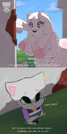 against_surface against_wall ambiguous_fluids anthro areola ass belly big_ass big_breasts big_butt boss_monster_(undertale) bovid breasts caprine dialogue dominant dominant_female duo ear_piercing ears_down eyebrows felid female fluid_on_breasts fur genitals glistening glistening_body goat hand_on_breast hi_res horn hybrid intimate looking_at_another looking_pleasured male male/female mammal mature_female milkshoba narrowed_eyes nipples nude piercing pivoted_ears scared simple_background size_difference slightly_chubby slightly_chubby_female smaller_male standing teasing text thick_eyebrows thick_thighs toriel undertale undertale_(series) white_body white_fur