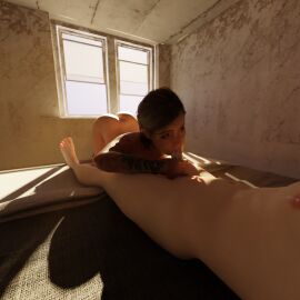 alternate_version_available ass bahamut0 bed bedroom blowjob cum cum_in_mouth ellie_(the_last_of_us) hand_on_penis handjob handjob_while_sucking nude on_bed oral oral_sex petite short_hair smaller_female sunlight the_last_of_us the_last_of_us_2