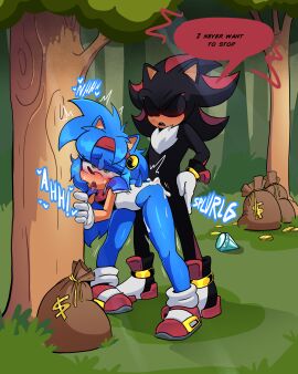 absurd_res anthro armor ass big_butt black_body black_fur blue_body blue_fur blush bodily_fluids clothed clothing cum cum_in_vagina cum_inside cum_while_penetrated doggy_style duo english_text eulipotyphlan fan_character female female_penetrated footwear forest forest_background forest_sex from_behind_position fur genital_fluids gloves green_eyes hair handwear headgear hedgehog hi_res leotard male male/female male_penetrating male_penetrating_female mammal moan money money_bag nature nature_background penetration plant popful_mail sega selena_the_popful_hedgehog sex shadow_the_hedgehog shoes sonic_the_hedgehog_(series) text tree xao_art