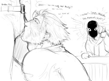 3boys angry annoyed baimonbluewhale blush booze deadpool drunk english_text facial_hair gay licking licking_through_clothes logan_(x-men) male marvel marvel_comics monochrome short_hair spilling wade_wilson wolverine_(x-men) x-men yaoi