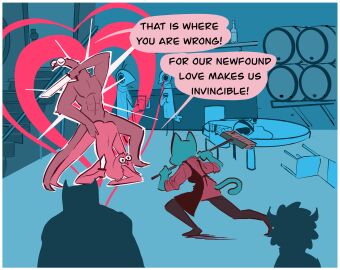 absurd_res apron ass ass_up avian bird border broom cleaning_tool clothing comic domestic_cat english_text felid feline felis female glowing heart_symbol hi_res jack-o'_pose knife love male male/female mammal muscular muscular_male nude nude_anthro nude_female nude_male pose public public_sex restricted_palette sex speech_bubble squirmle tavern text vanilla_candy white_border