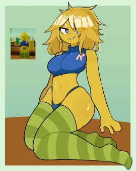 1girls belly_button blue_crop_top blue_eyes blue_panties blue_thong breasts crop_top eye_visible_through_hair eyebrows_visible_through_hair feet female female_only green_socks green_stripes green_thighhighs hair looking_at_viewer medium_breasts no_pants noob noob_(roblox) on_knees panties partially_clothed penismaster48 reference_image roblox roblox_avatar robloxian short_hair simple_background sleeveless smile solo stomach striped_thighhighs teeth teeth_showing thick_thighs thighs thong yellow_body yellow_hair yellow_skin