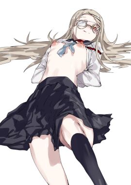 1girls asuzemu big_areola big_nipples black_legwear blonde_hair breasts bruised_face collar eyepatch female female_focus female_only gakuen_idolmaster glasses hairclip idolmaster large_areolae large_nipples legwear long_hair long_skirt looking_at_viewer nipples open_clothes open_shirt orange_eyes pink_nipples puffy_nipples school_uniform schoolgirl serafuku shinosawa_hiro simple_background skirt small_breasts solo solo_female solo_focus tied_hands tied_up white_background