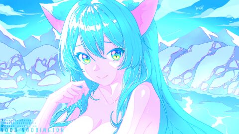 big_breasts breasts cat_ears female hot_spring naked nekomimi noob_noobington pixel_art shiny_hair shiny_skin smile wet wet_body wet_skin