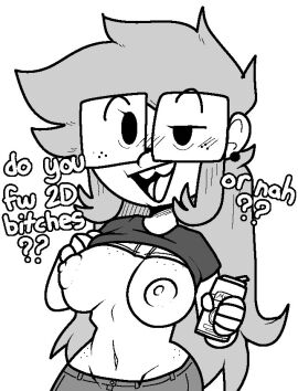 2020s 2024 2d beer black_eyes bra bra_lift breasts breasts_out deatthot deatthot_(character) drinking_alcohol drunk earrings female flirting flirting_with_viewer freckles freckles_on_breasts freckles_on_face freckles_on_hips glasses light-skinned_female light_skin long_hair monochrome navel presenting shirt_lift solo tagme talking_to_viewer white_background