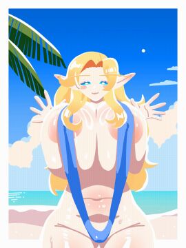 1girls animated areola_slip beach blonde_hair blood_elf blue_eyes bouncing_breasts breasts elf_ears elf_female female gif high_elf huge_areolae huge_breasts live2d milf oiled shiny_skin sling_bikini slingshot_swimsuit waving waving_at_viewer world_of_warcraft