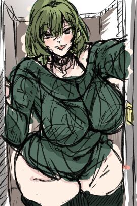 1girls akina-chan breasts brown_eyes child_bearing_hips curvy female female_only green_hair half-closed_eyes highres large_breasts legs looking_at_viewer mature mature_female open_mouth original original_character pose posing sensual short_hair smile solo sweater thick_thighs thighs tongue wide_hips