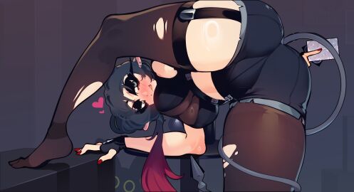 animal_humanoid ass bent_over big_breasts black_hair blush blush_lines bottomwear breasts camel_toe cameltoe clothing colored_nails condom digital_drawing_(artwork) digital_media_(artwork) eyelashes female fingerless_gloves garter_belt garter_straps gloves gradient_hair hair handwear hanging_breasts heart_symbol hi_res holding_condom holding_object humanoid jane_doe_(zenless_zone_zero) long_eyelashes long_hair looking_at_viewer looking_back looking_back_at_viewer mammal mammal_humanoid mihoyo murid murid_humanoid murine murine_humanoid nails pussy rat_humanoid rear_view red_nails rodent rodent_humanoid sachiko sachiko2s sexual_barrier_device shorts smile smiling_at_viewer solo tail tailed_humanoid thiren tongue tongue_out torn_thigh_highs zenless_zone_zero